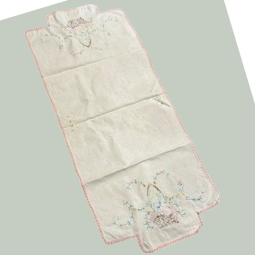 Vtg Hand-Embroidered Linen Table Runner Floral Basket Crochet Lace Mid-Century